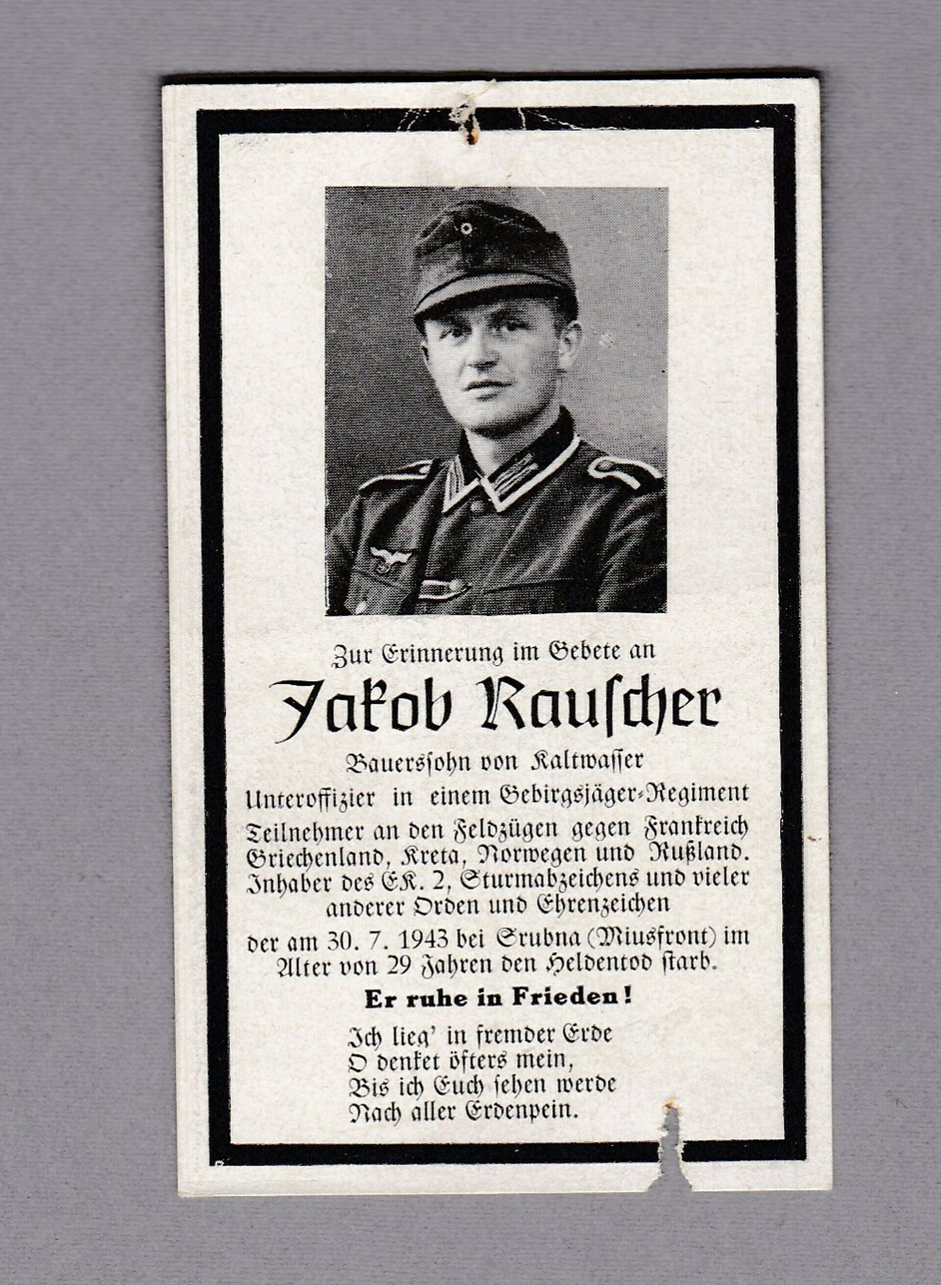 Death card to GBJ Jakob Rauscher KIA 1943.