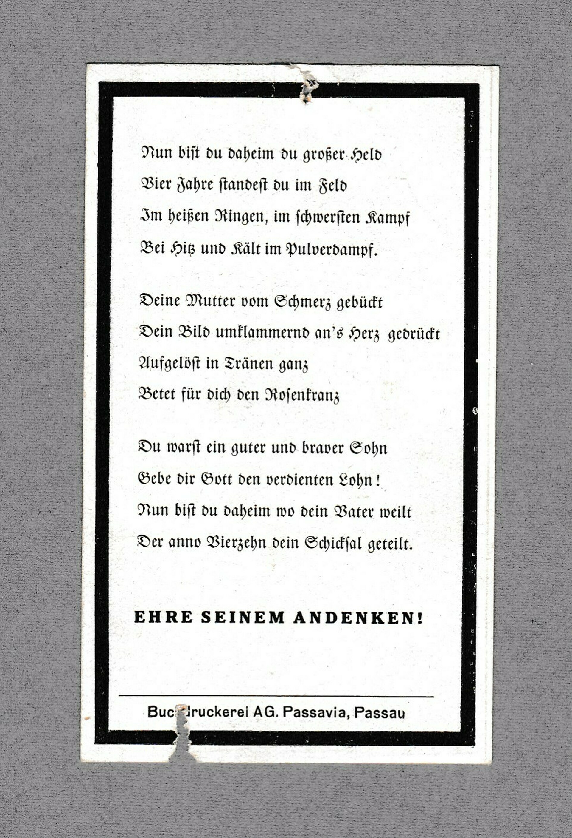 Death card to GBJ Jakob Rauscher KIA 1943.